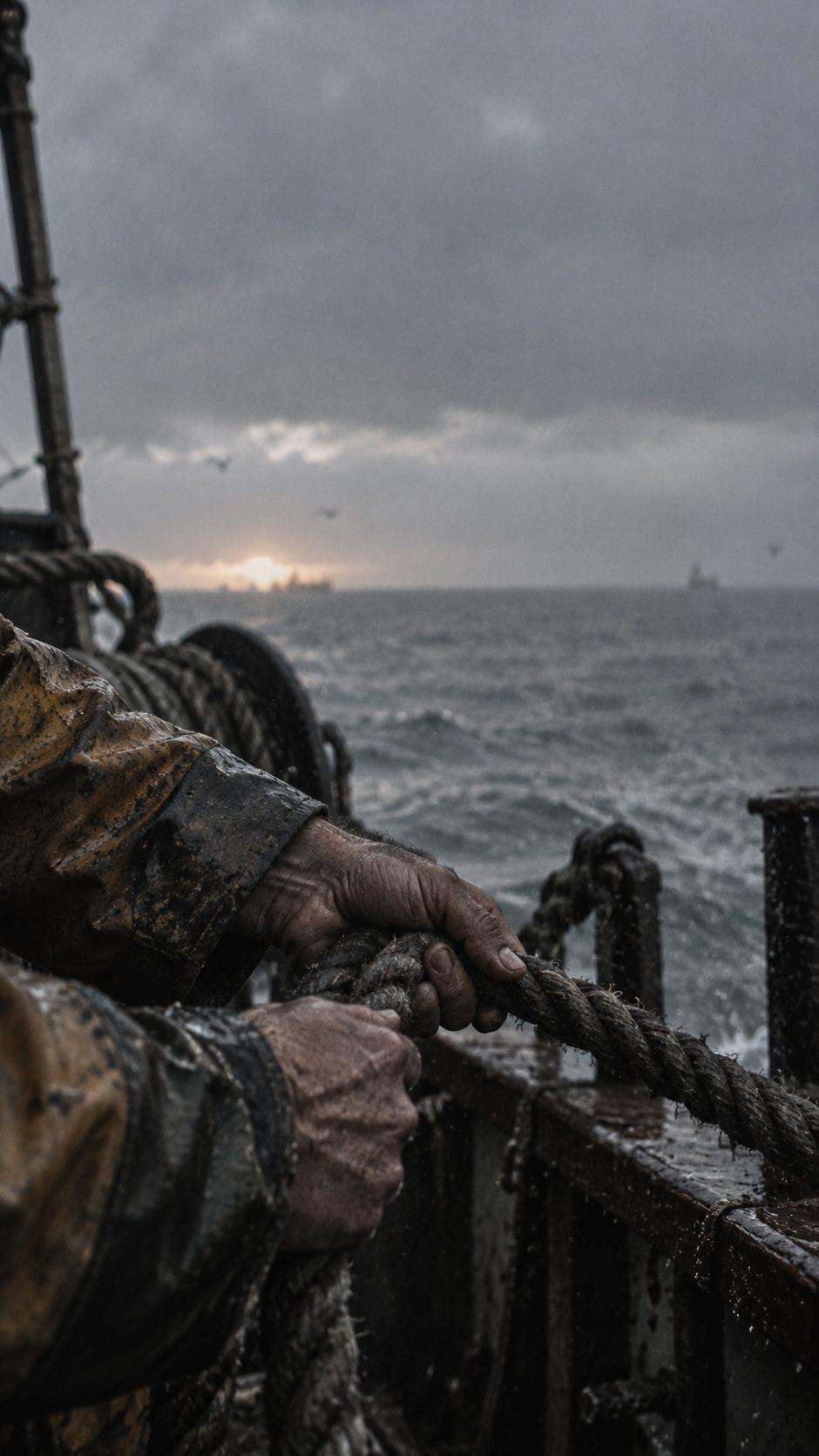 Salt & Rope — Deck work at first light, shot like documentary footage.